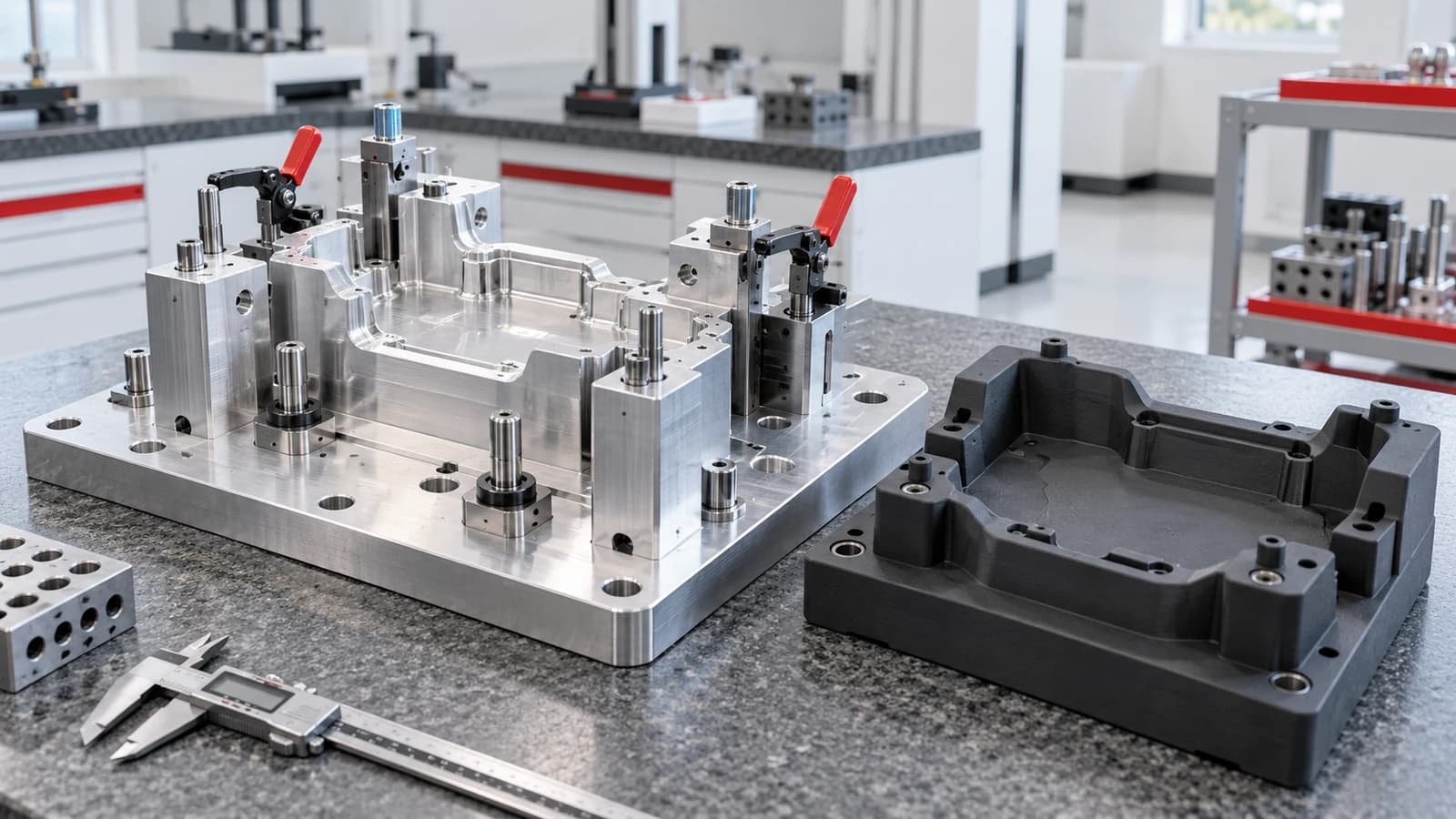 CNC machined aluminum fixture and polymer tooling insert prepared for production inspection