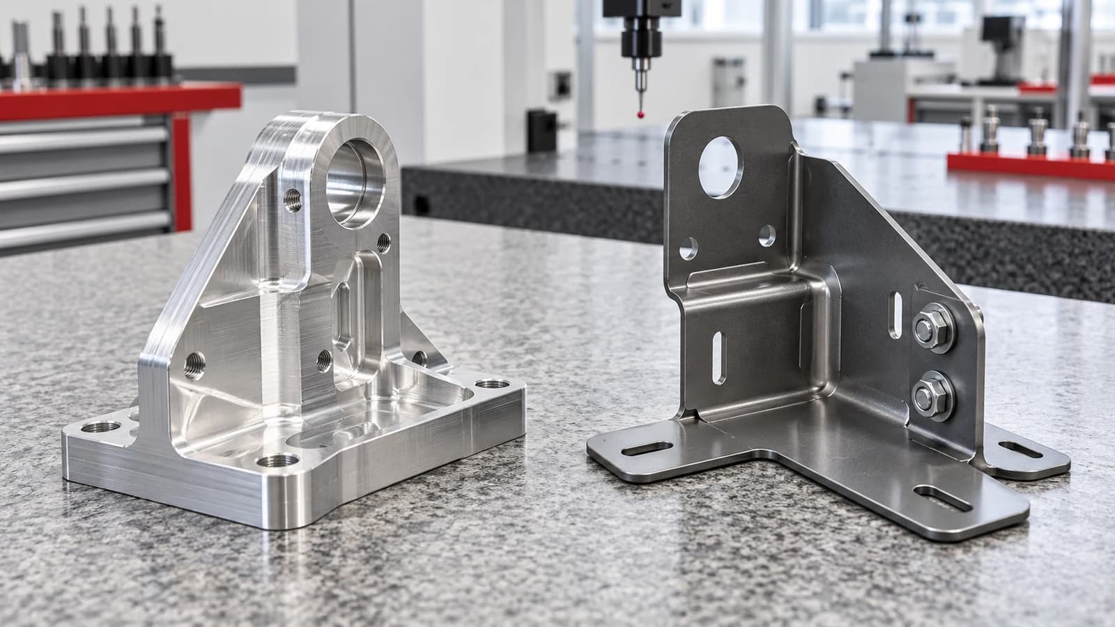CNC machined aluminum bracket beside a formed sheet metal bracket for manufacturing comparison