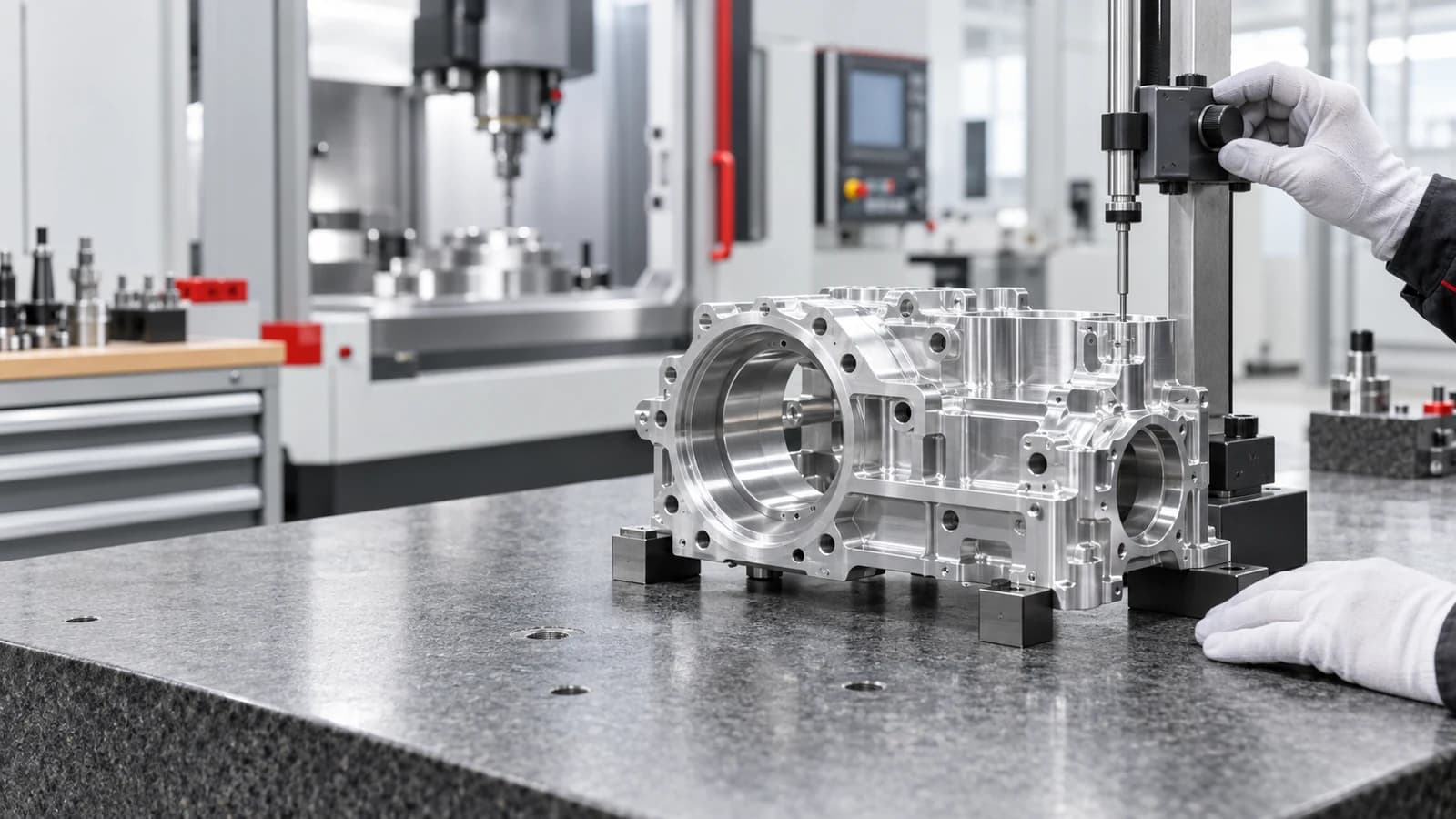 Precision CNC machined aluminum housing under surface and dimensional inspection for defect prevention