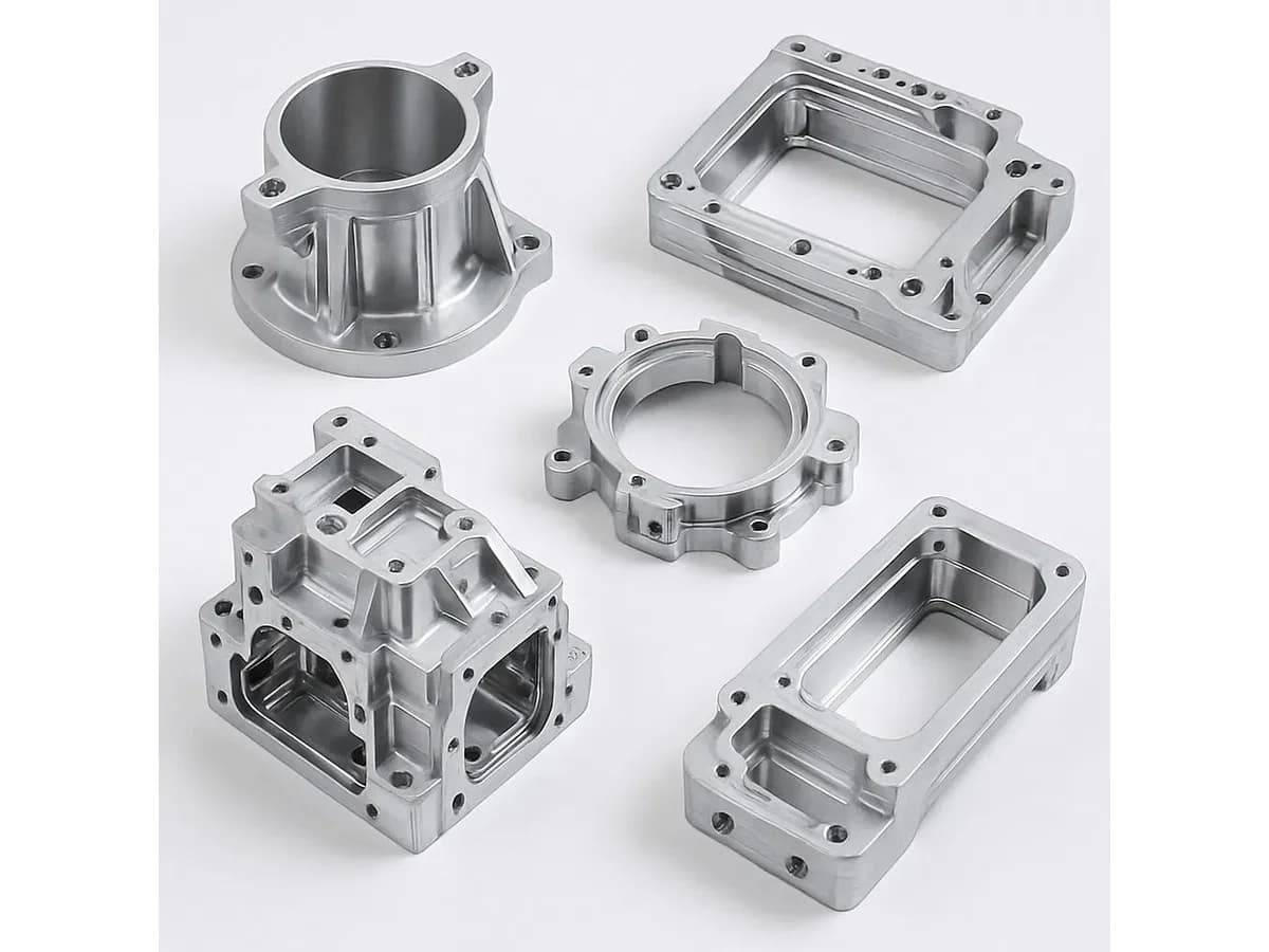 Custom CNC milled aluminum housings enclosures and multi-face components on a white background