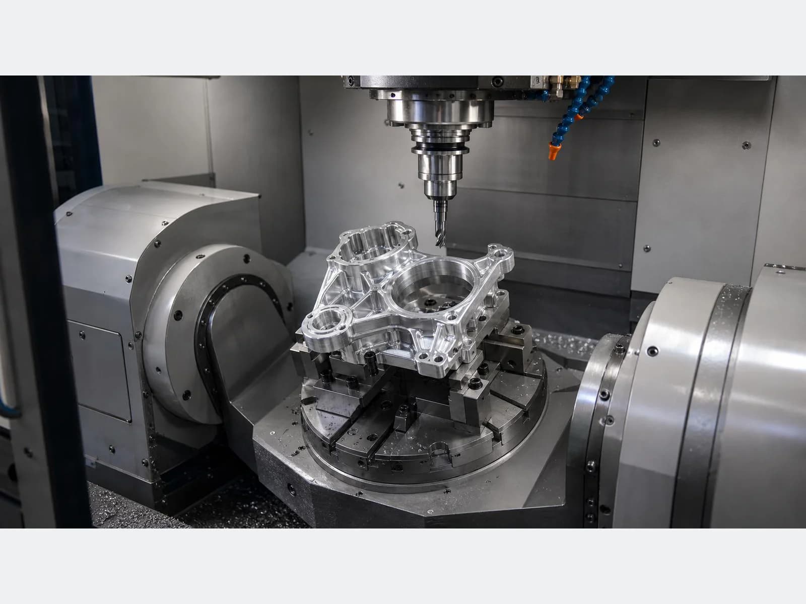 Five-axis CNC milling an aluminum housing on a rotary machine table