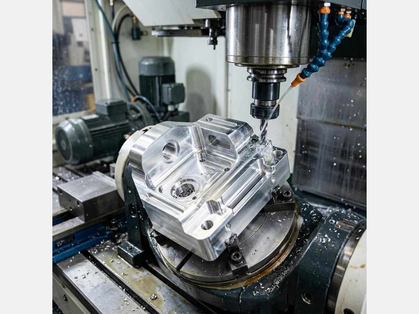 Multi-axis CNC milling of a complex aluminum housing on a rotary fixture
