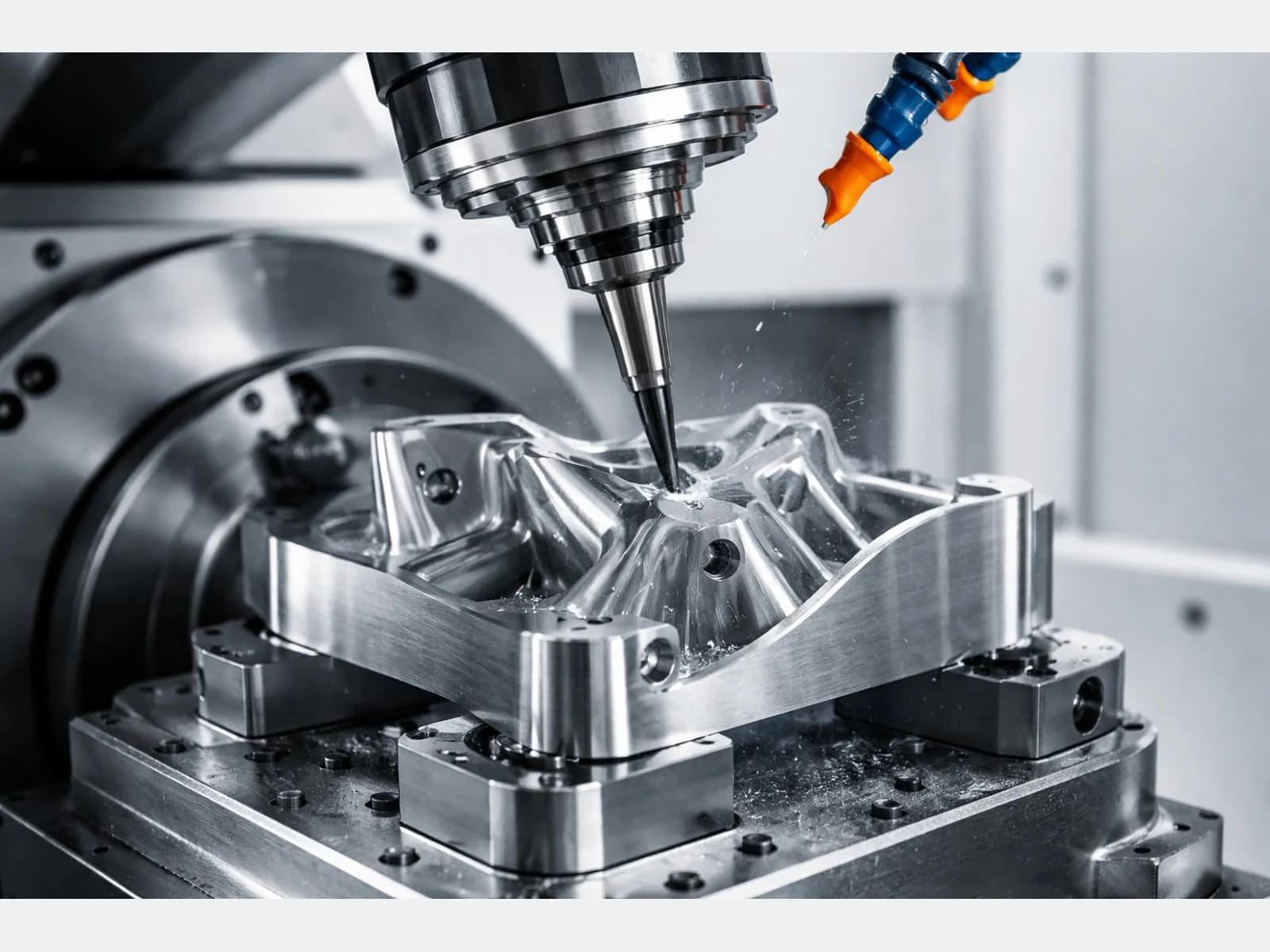Precision CNC milling a complex aluminum component with a rotating cutting tool