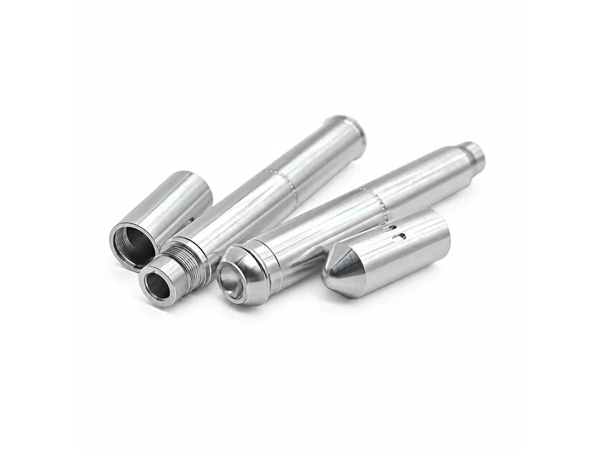 Custom CNC turned shafts and sleeves with long bores threads grooves and radial holes on a pure white background