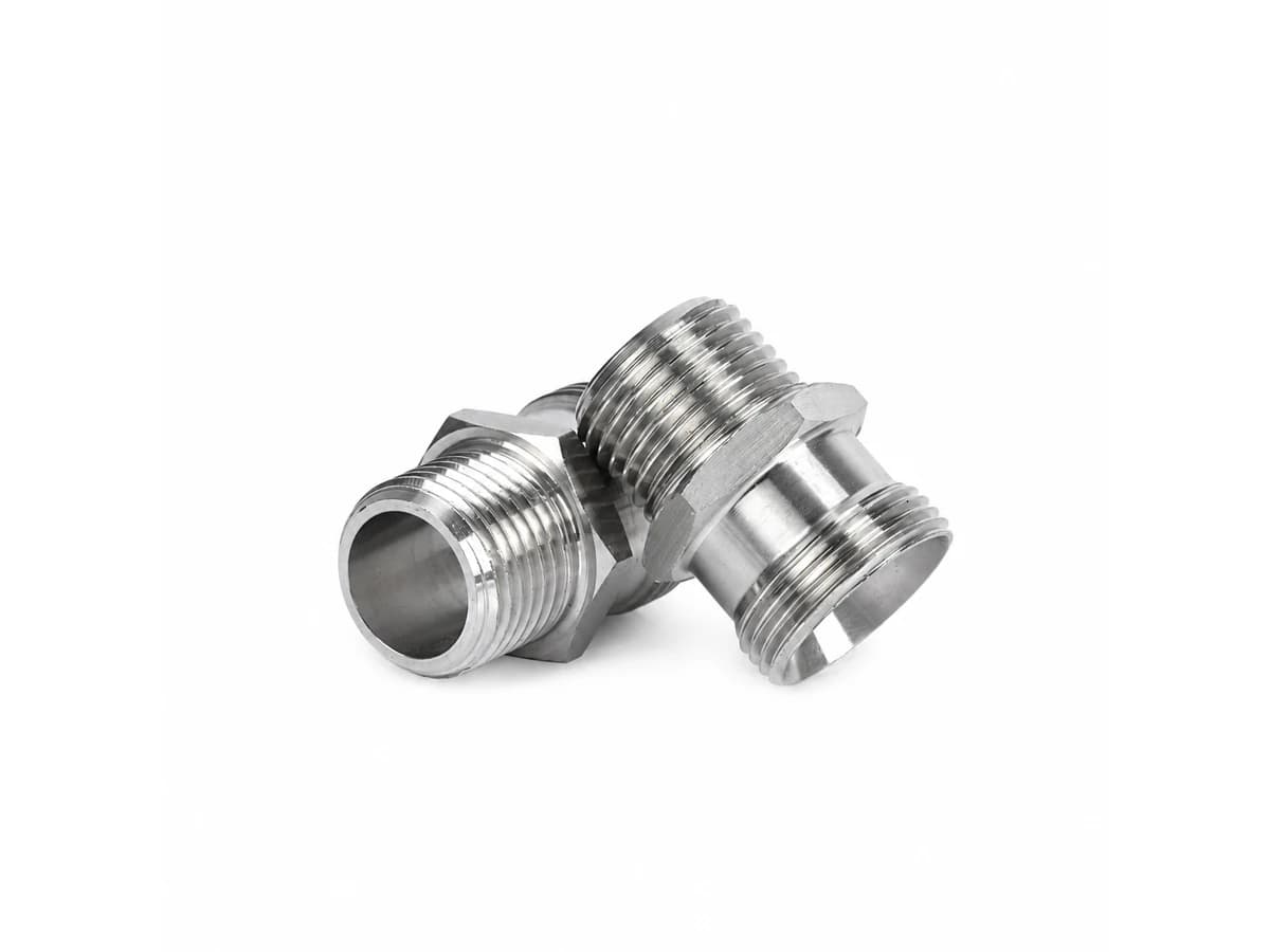 Metal CNC turning threaded fittings with hex wrench flats and male threads on a pure white background