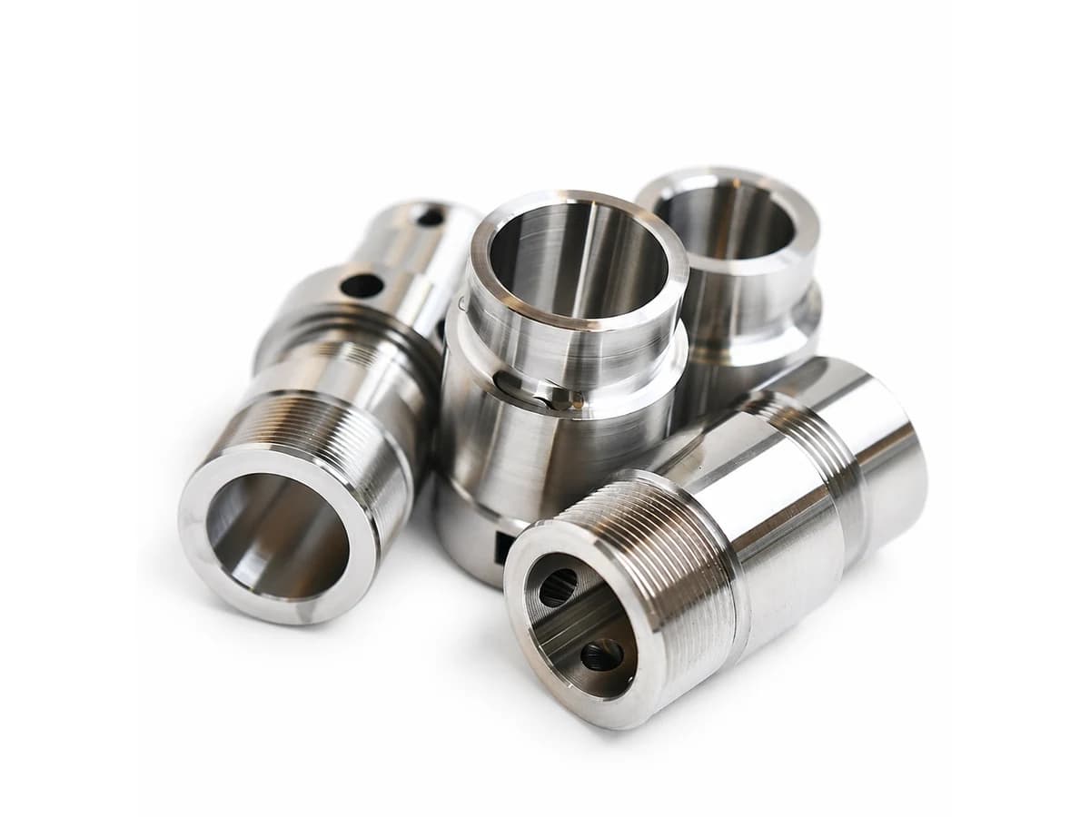 Precision metal CNC turned threaded sleeves and connectors with internal bores and cross holes on a pure white background