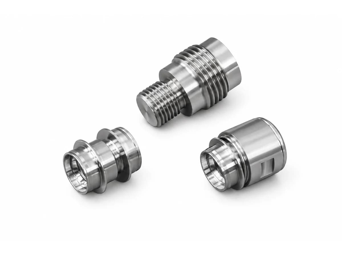 Precision CNC turned threaded couplings with stepped diameters internal bores and milled windows on a pure white background