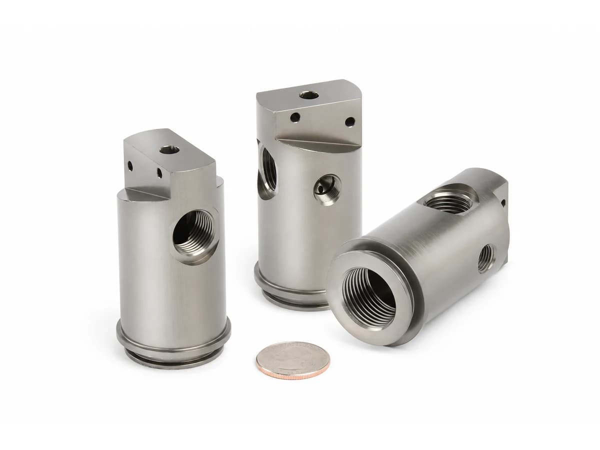 Precision CNC turned valve bodies with internal threads side ports flanges and milled flats on a pure white background