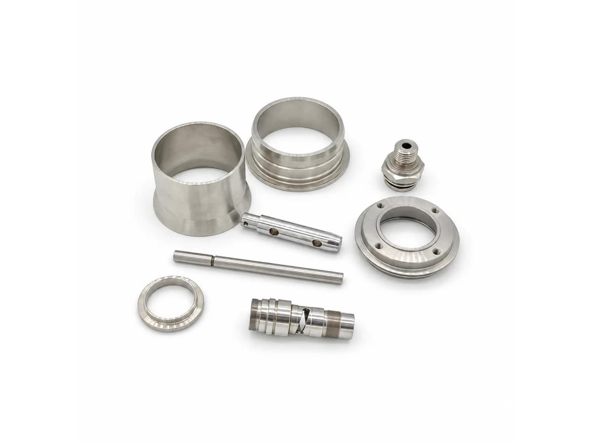 Production CNC turned shafts rings flanges sleeves and threaded fittings on a pure white background