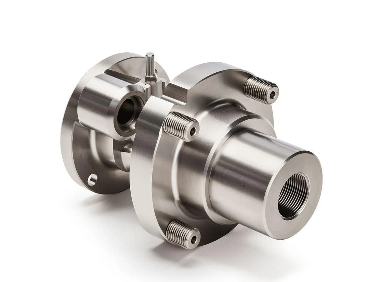 5-axis CNC machined steel housing with flange faces threaded studs and precision bores on a white background