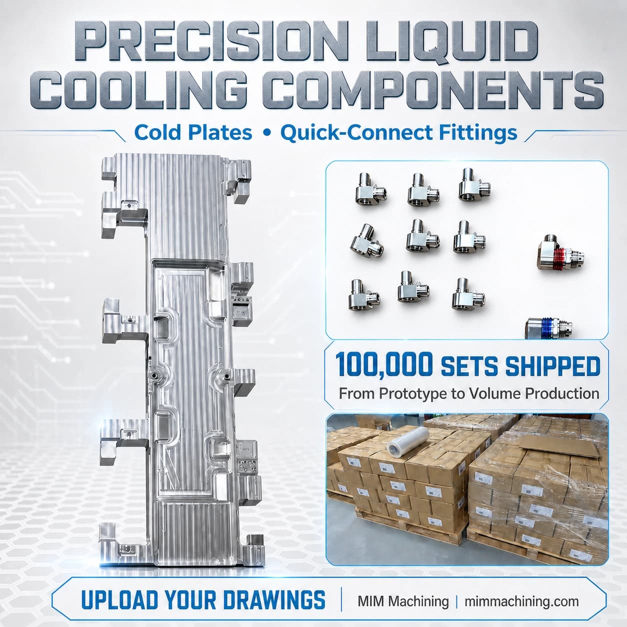 Precision liquid cooling cold plate and quick-connect fittings shown with shipment packaging for a 100,000-set production project