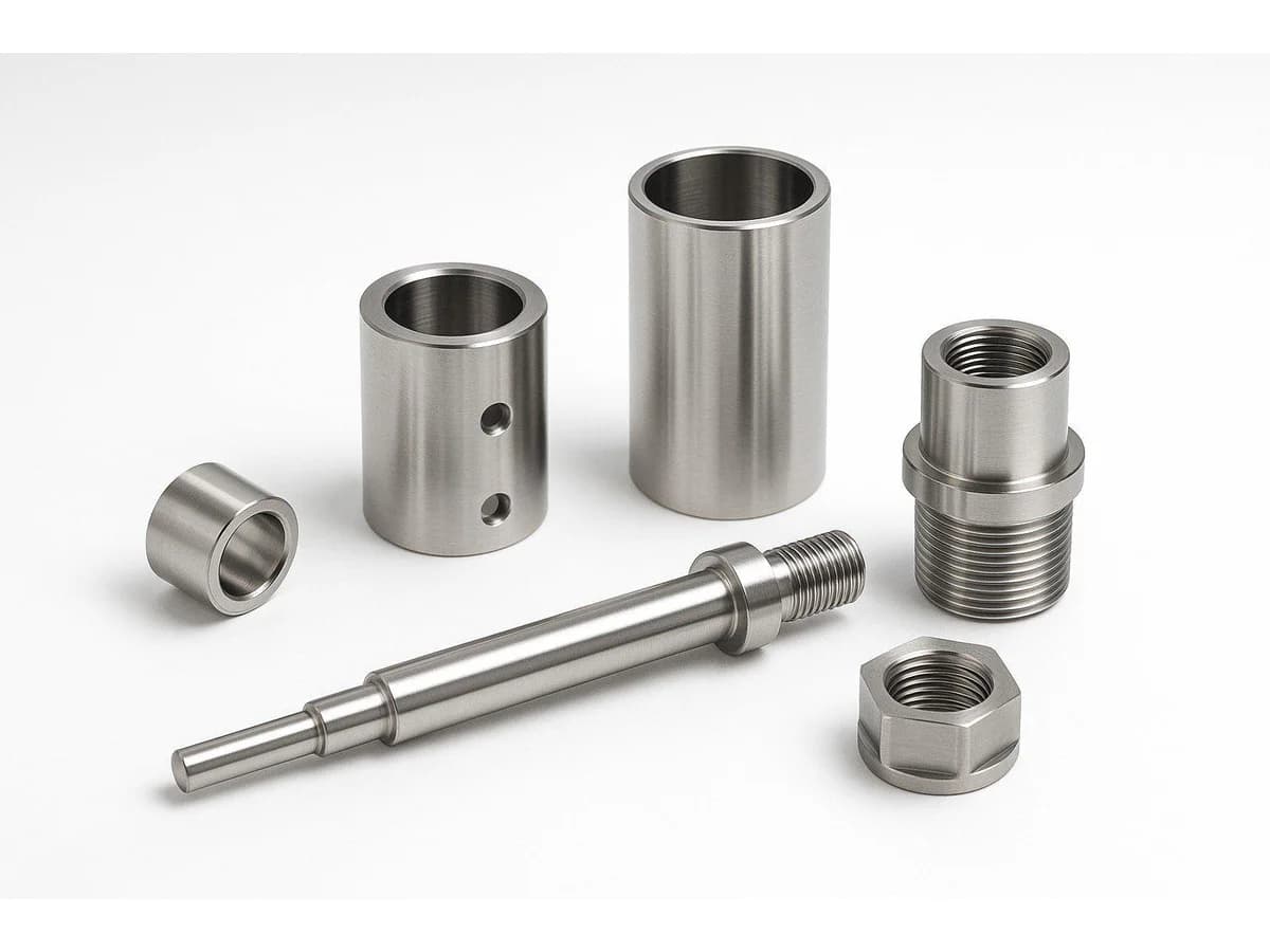 Custom stainless steel Swiss machined shafts sleeves bushings and threaded components on white