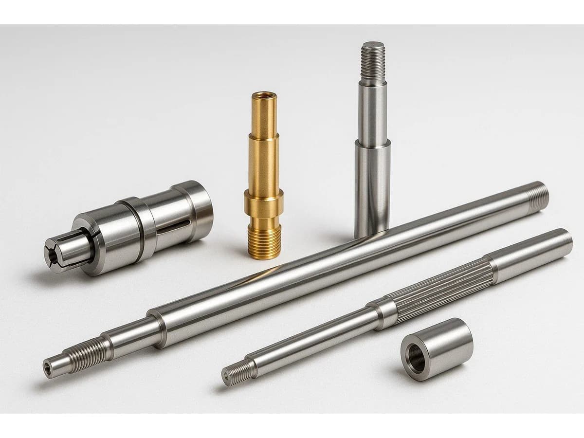 Long slender Swiss CNC machined shafts pins and threaded components in stainless steel and brass