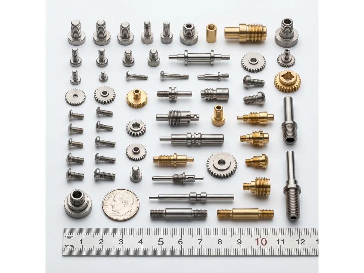 Micro Swiss CNC turned gears pins fasteners and miniature precision components beside a scale