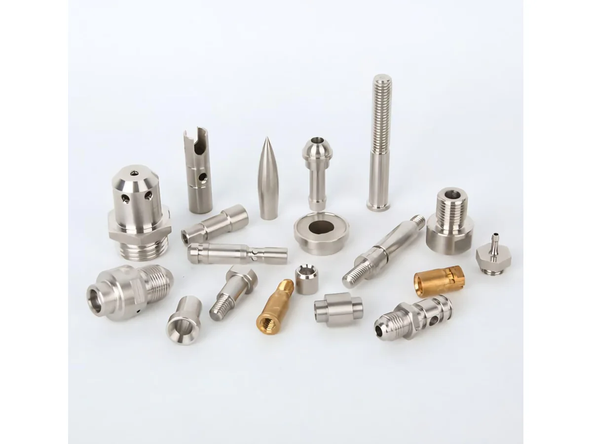 Miniature stainless steel Swiss CNC turned instrument components arranged on a clean white background