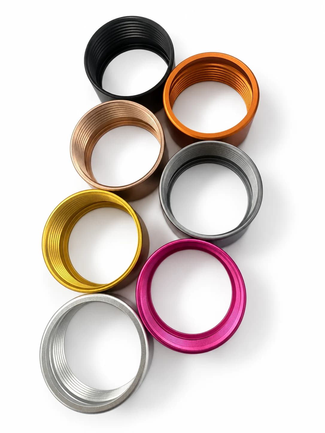 CNC machined aluminum threaded rings in multiple anodized colors