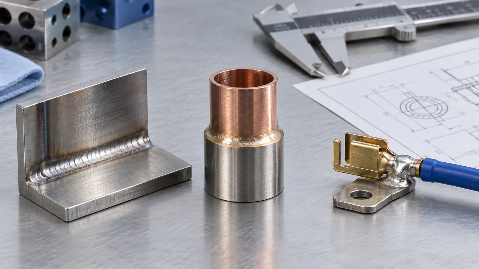 Precision welded brazed and soldered metal joint samples arranged for manufacturing process comparison