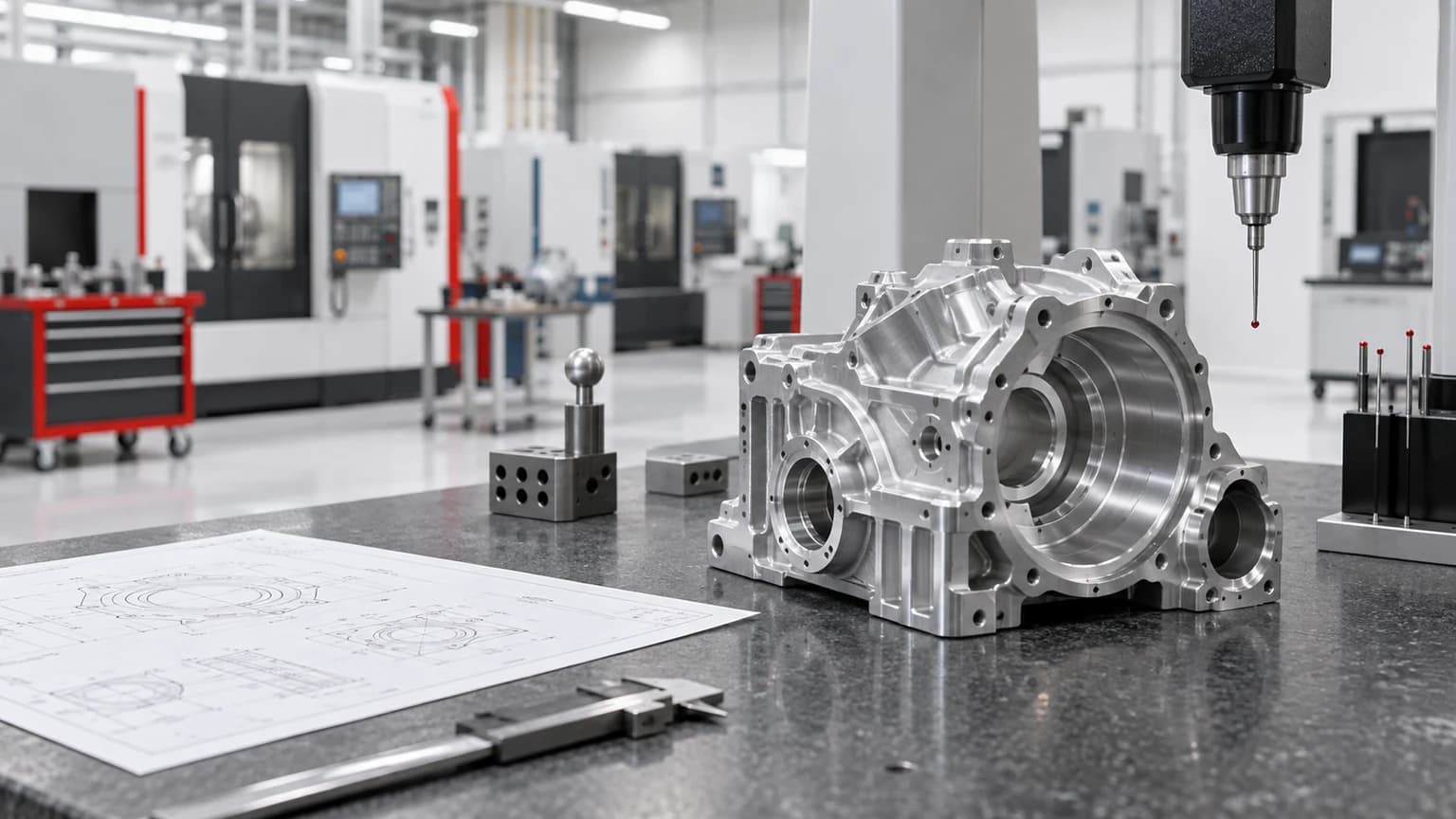 Precision CNC machining supplier evaluation with machined housing, CMM inspection and modern CNC equipment