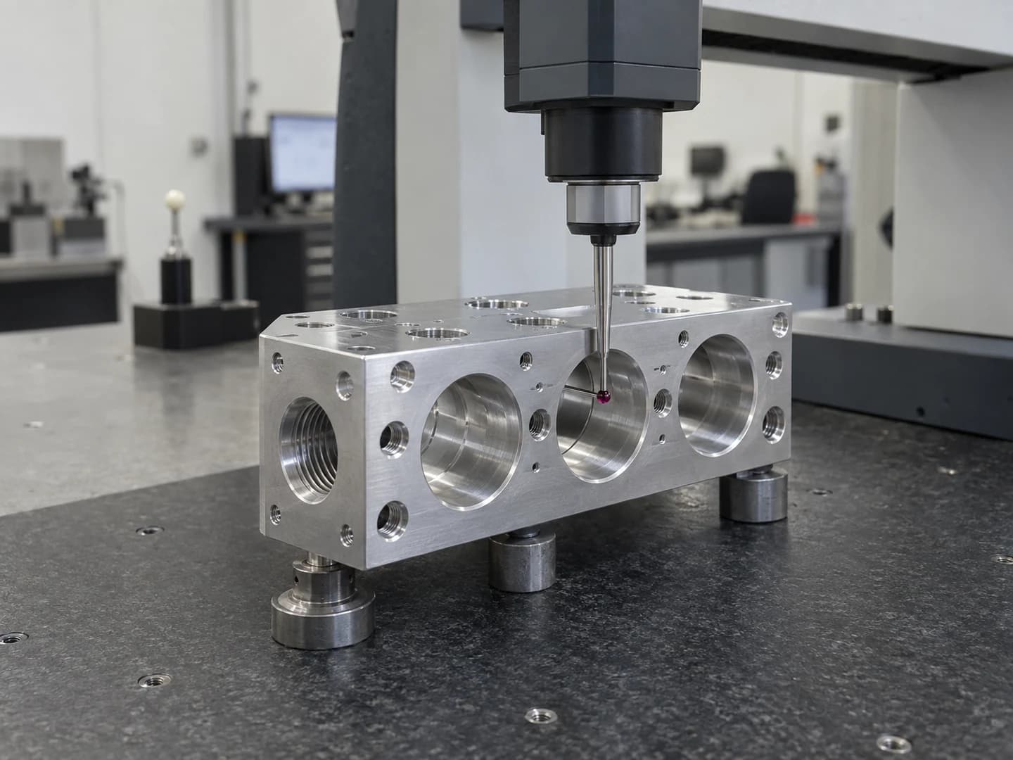 CMM probe inspecting a precision CNC machined aluminum housing