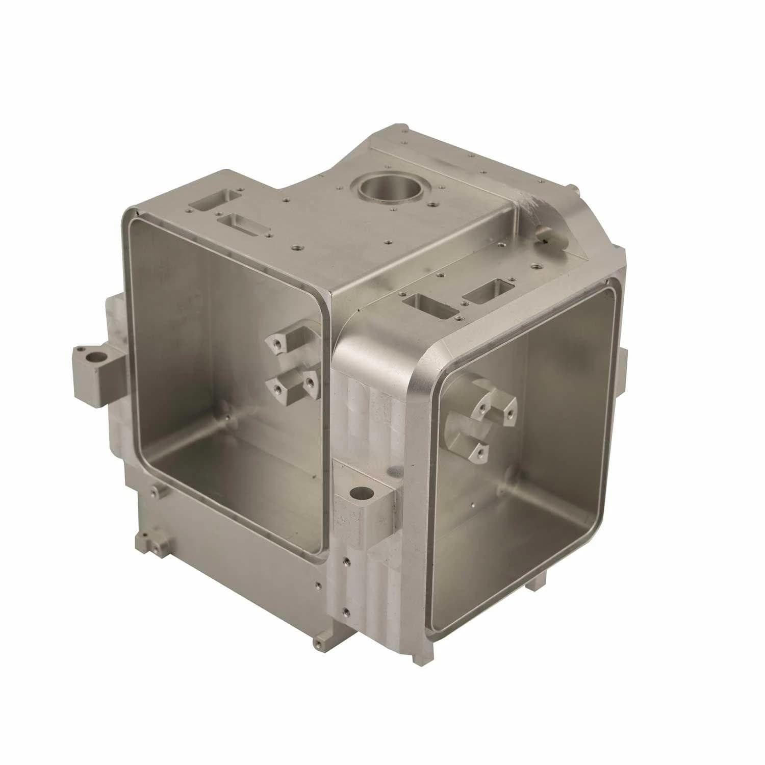 Large custom CNC machined aluminum equipment enclosure with deep cavities on a white background