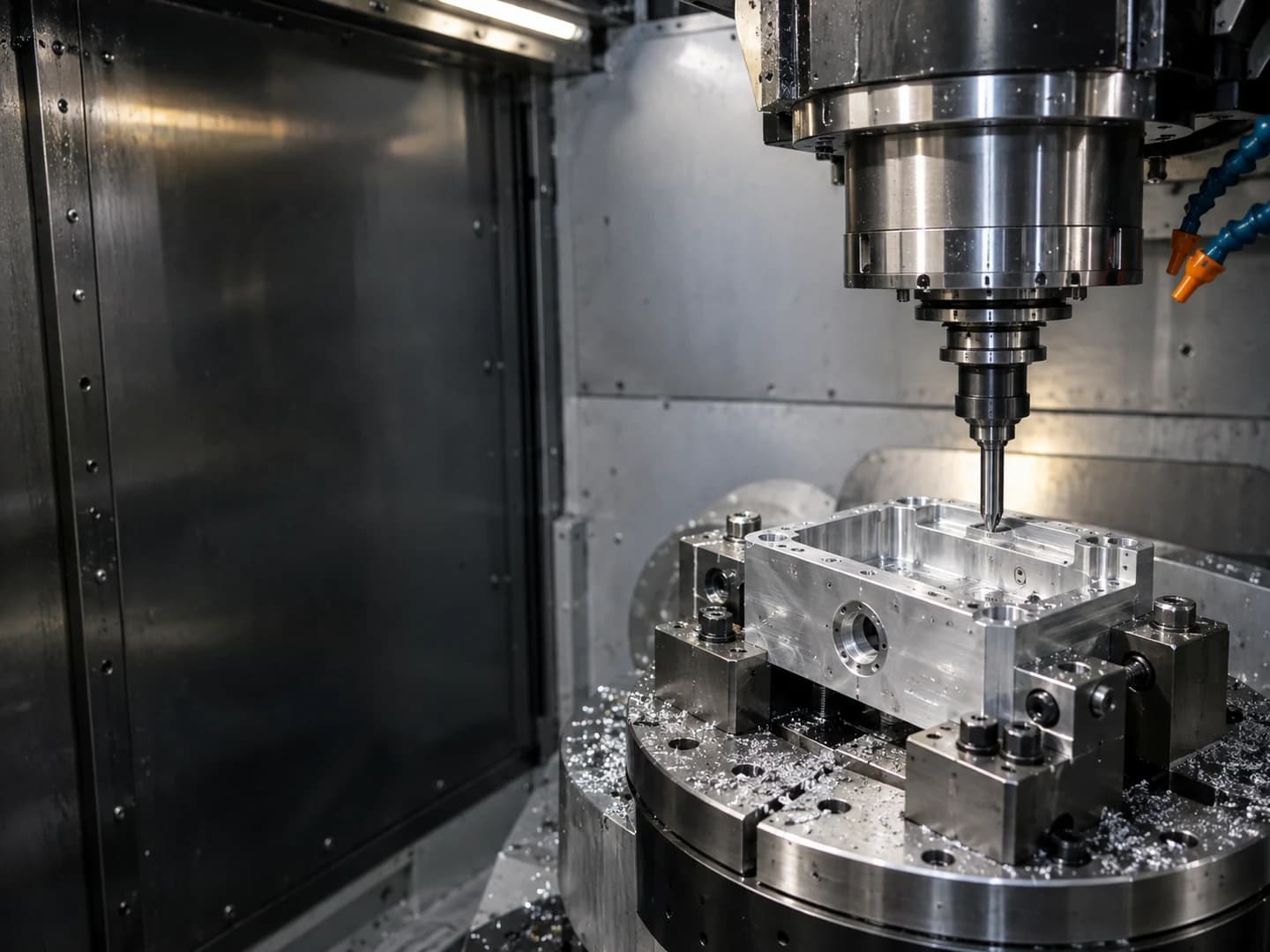Five-axis CNC machine cutting a complex aluminum housing