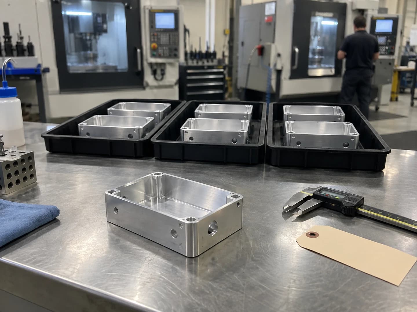 Prototype CNC machined housing with organized repeat-production parts