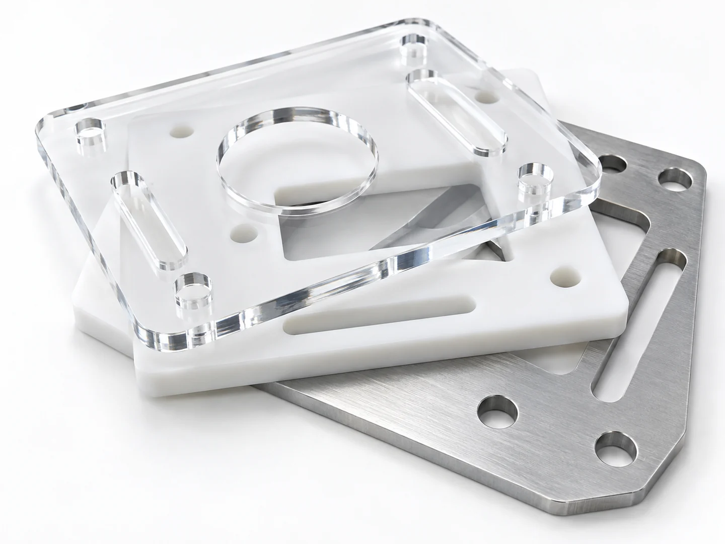 Clear acrylic, engineering plastic and aluminum routed panels with clean finished edges