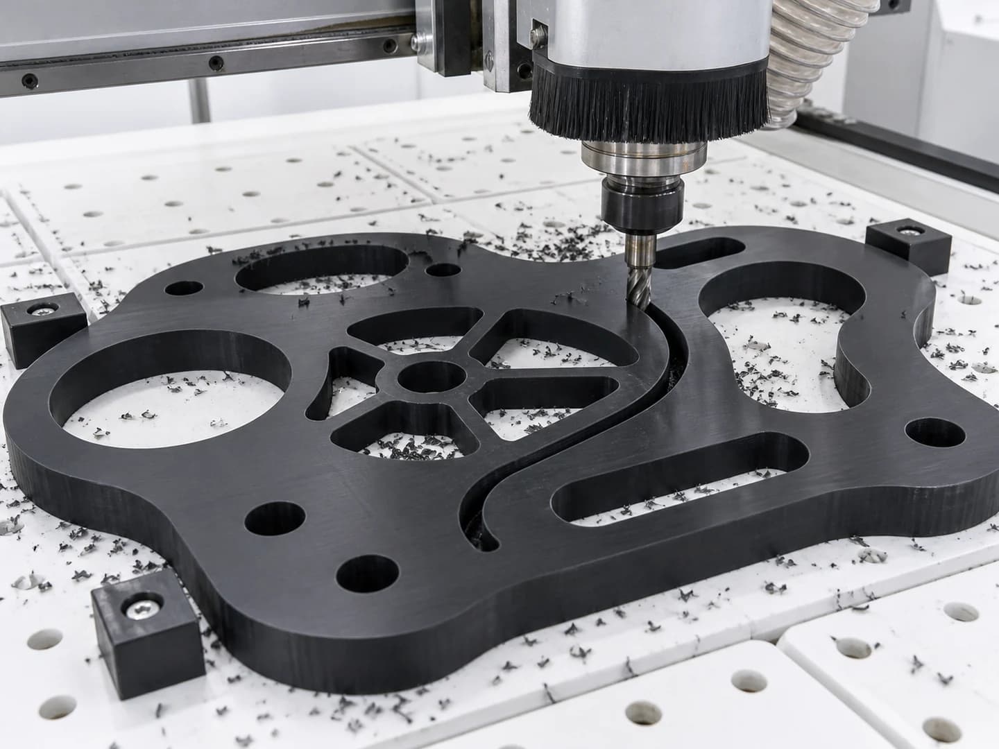 CNC router cutting complex contours and internal cutouts in an engineering plastic panel