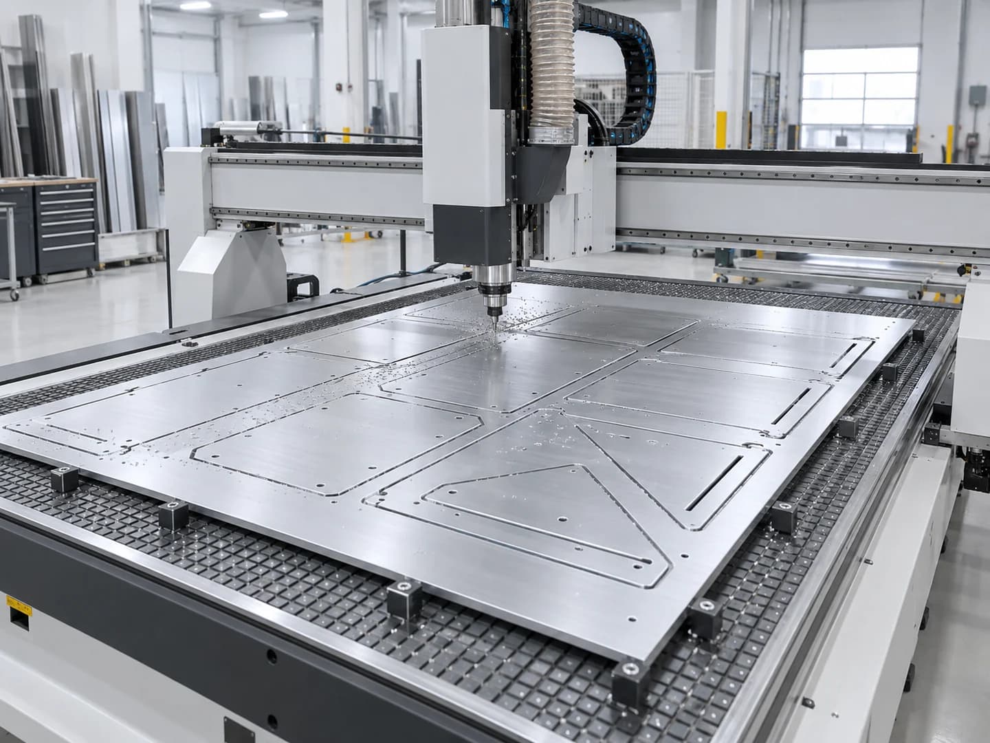Large-format CNC router machining nested aluminum panels on a vacuum table