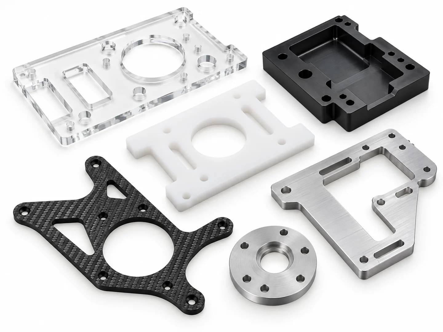 Multi-material CNC routed parts in acrylic, engineering plastic, composite and aluminum