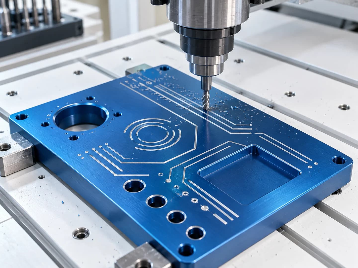 CNC router engraving precise geometric channels in an anodized aluminum panel