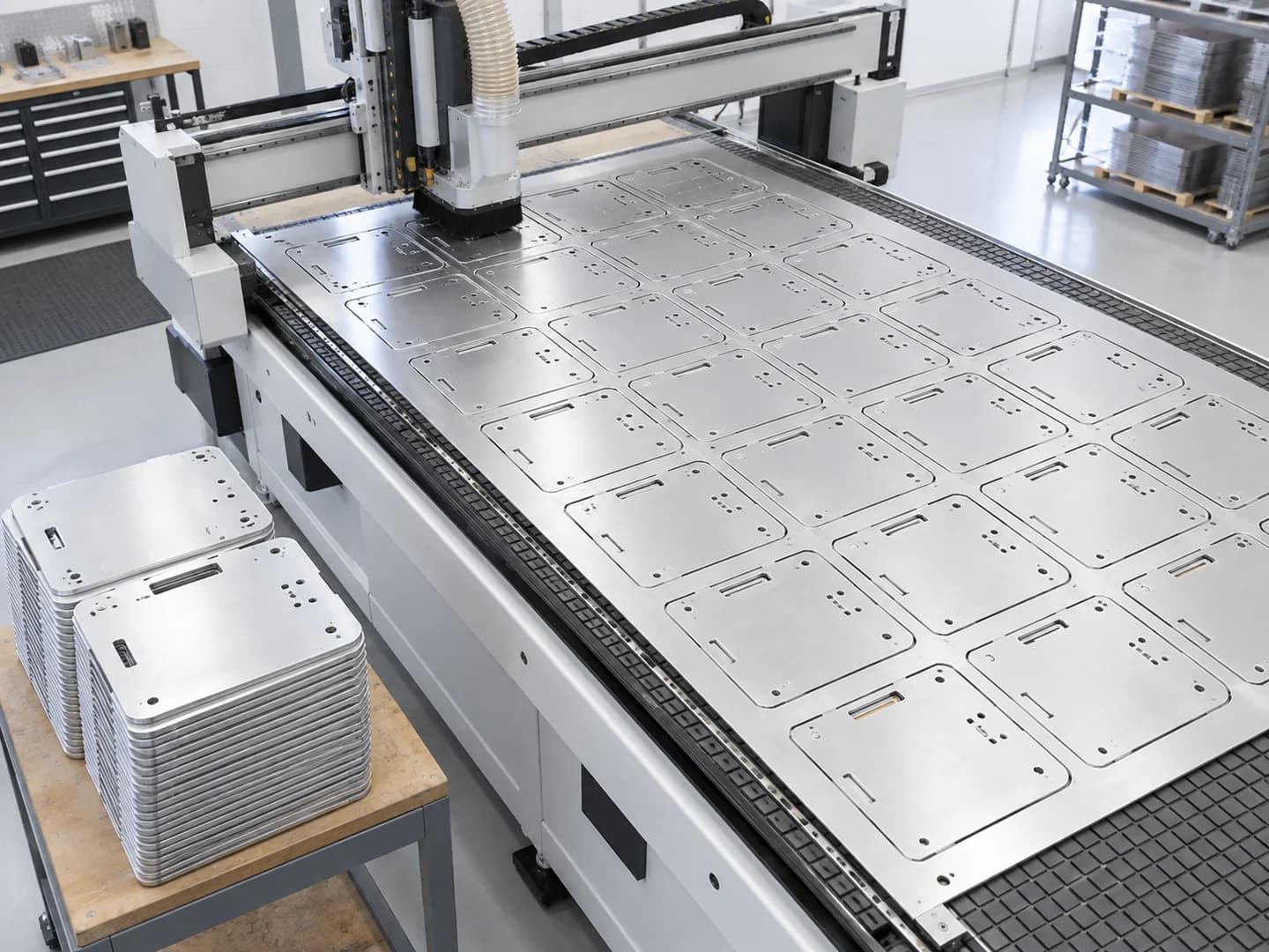 CNC routing production sheet with nested repeated panels and finished parts stacked nearby