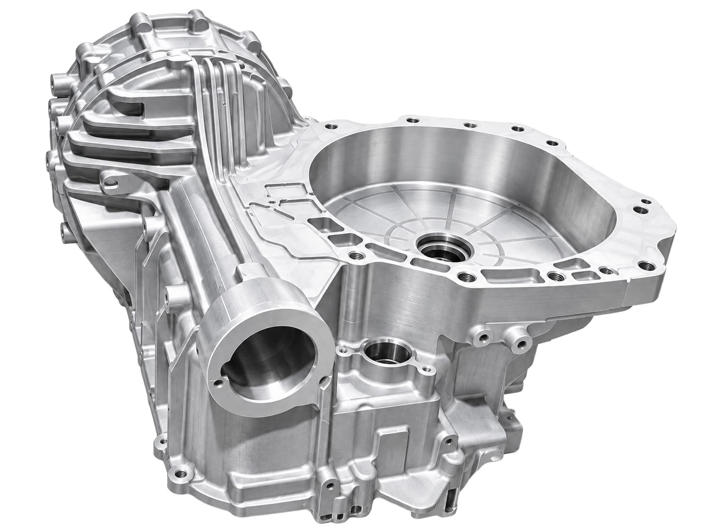 Complex five-axis CNC machined housing on a pure white background