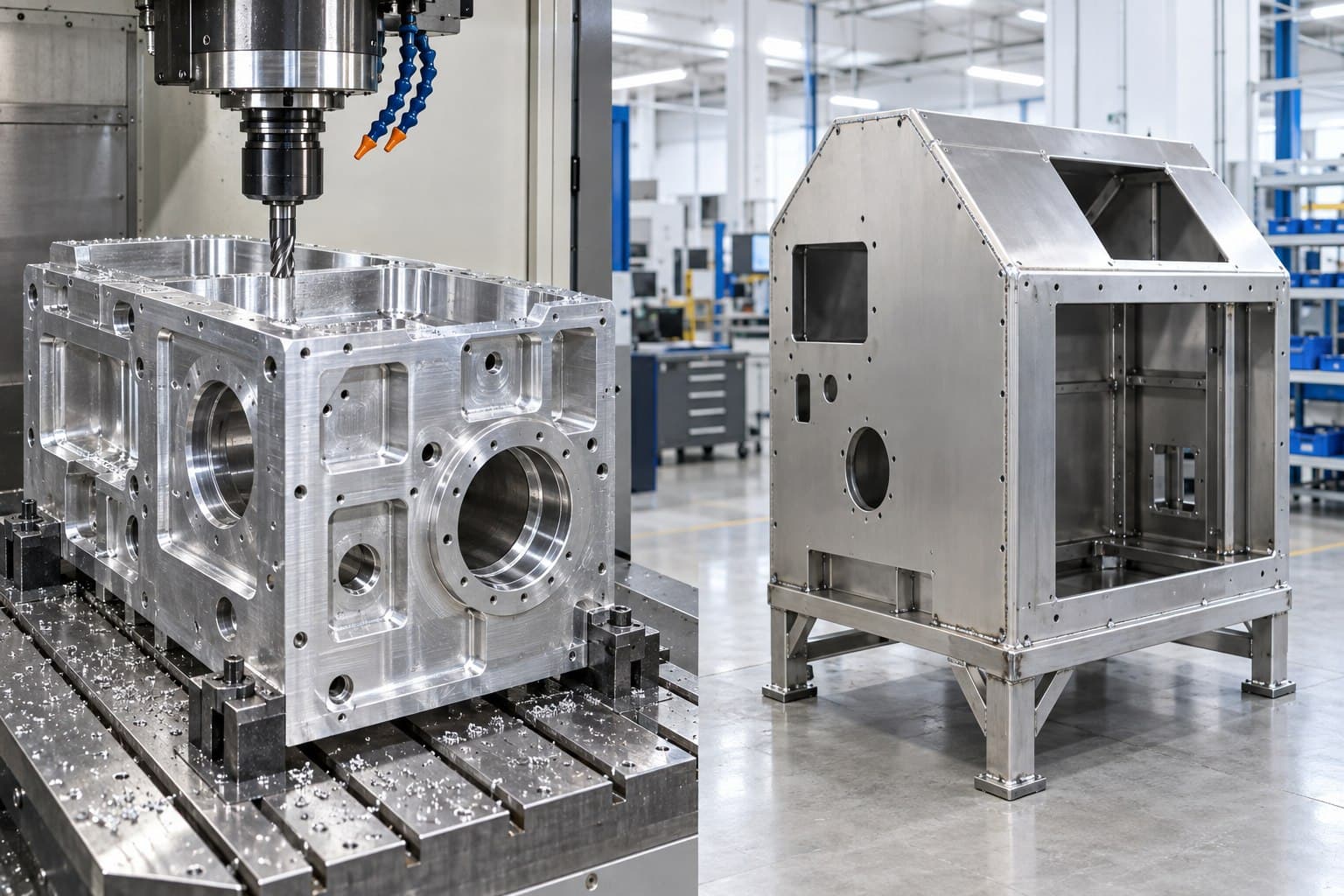 Large CNC machined aluminum housing compared with a fabricated sheet metal enclosure in a clean industrial workshop