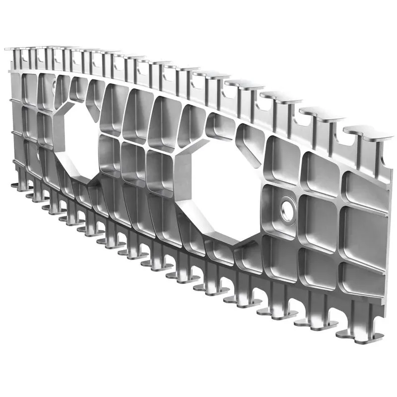 Large CNC milled lightweight silver structural frame with ribs pockets and mounting interfaces on a white background