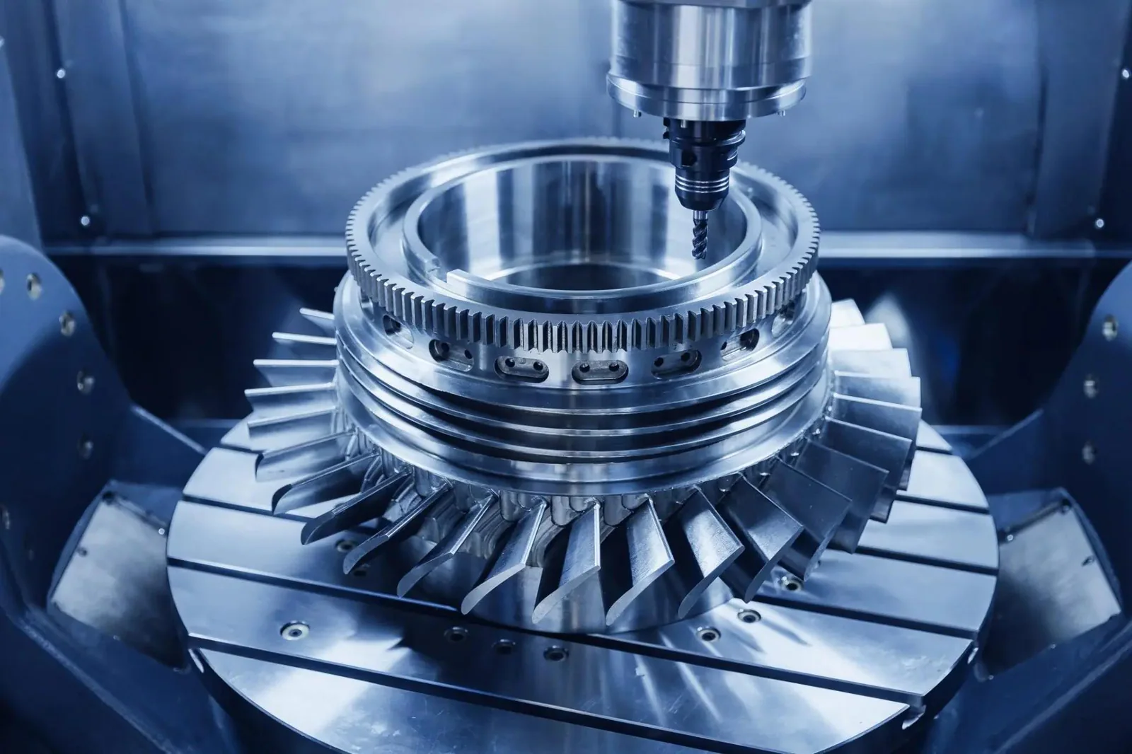 Large turbine ring undergoing CNC milling inside a machining center