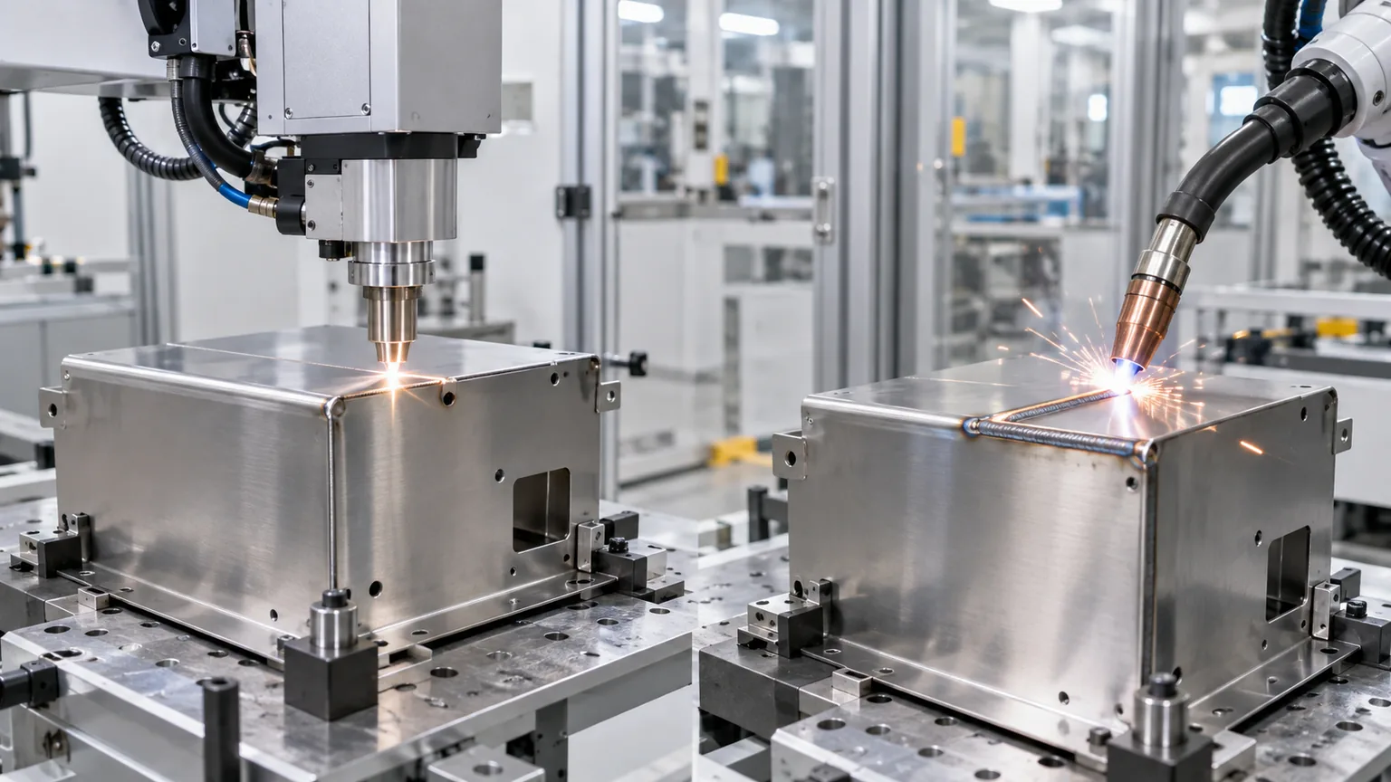 Laser welding and MIG welding cells joining precision stainless steel sheet metal enclosures