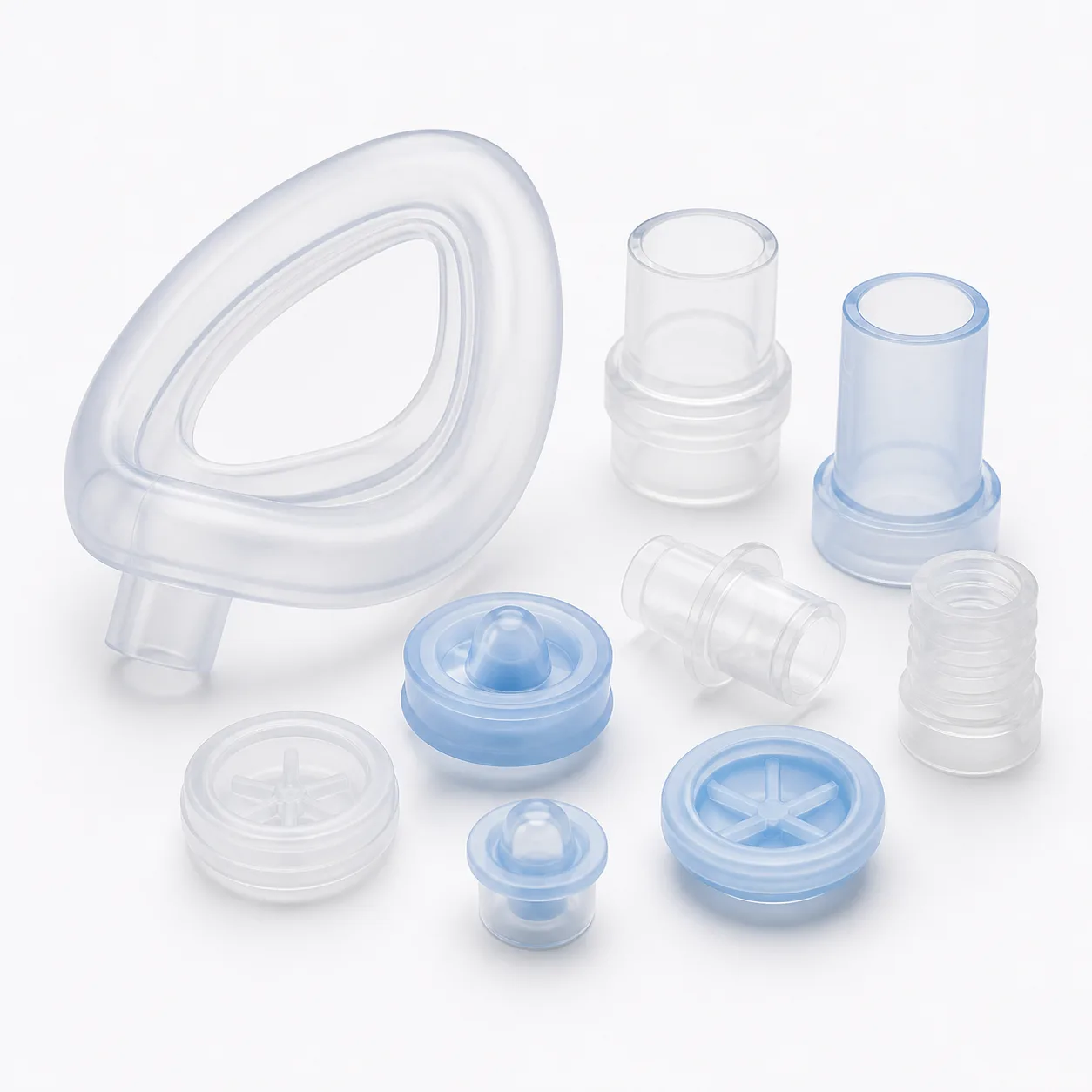 Liquid silicone rubber seals, connectors and valve components with flexible features