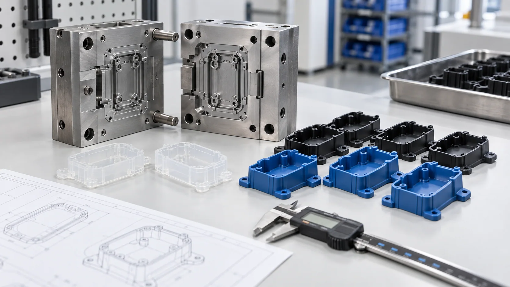 Low-volume injection molding tool with prototype samples and controlled small-batch plastic housings