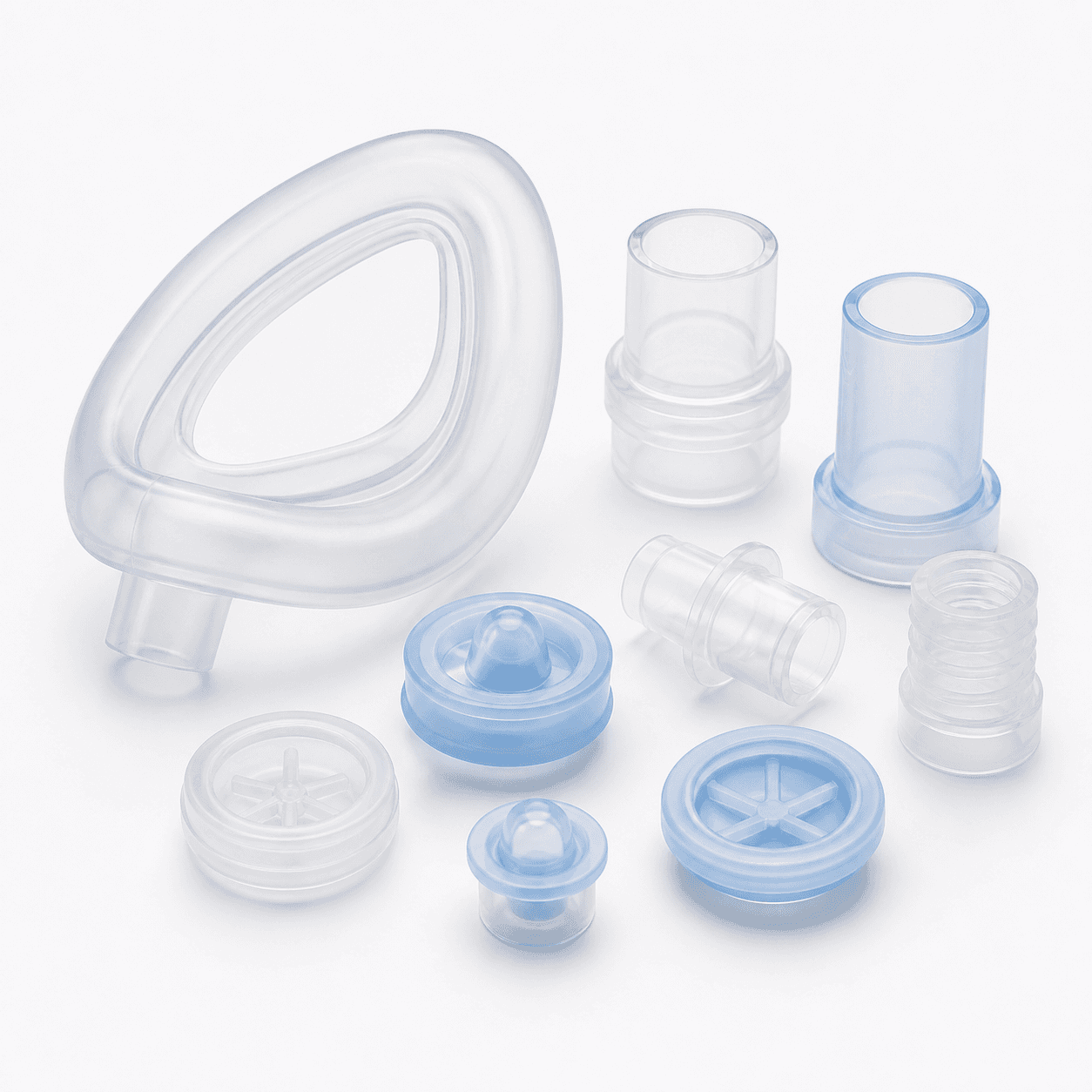 Medical-grade liquid silicone respiratory seals, connectors and valve components