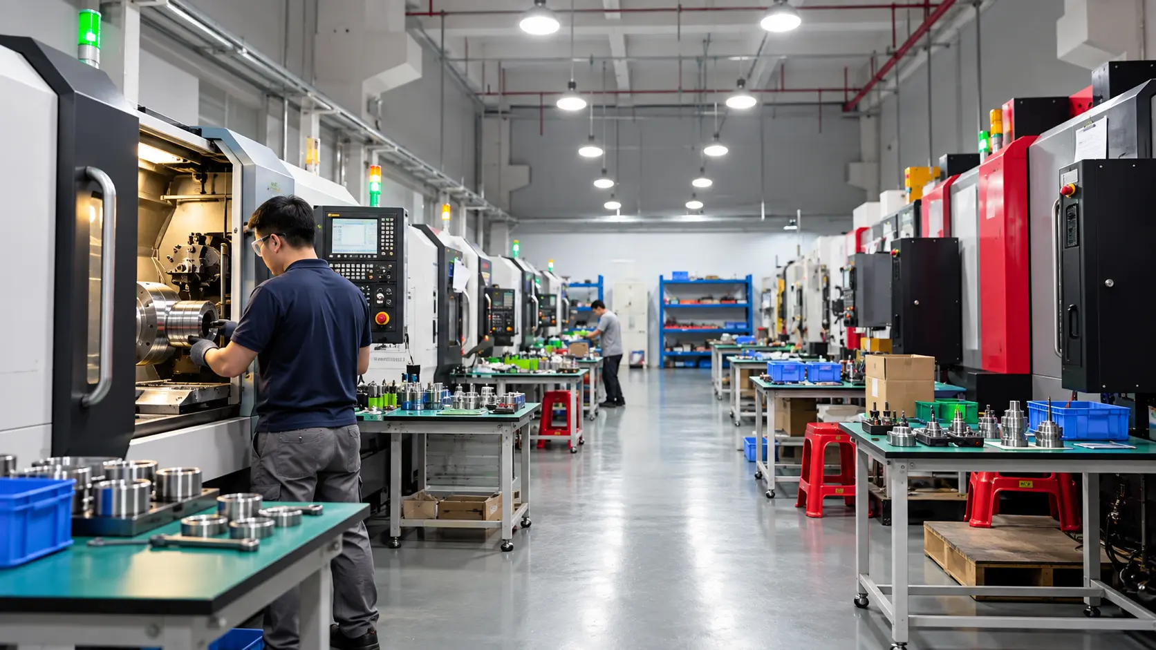 CNC machining workshop with an operator and rows of production equipment