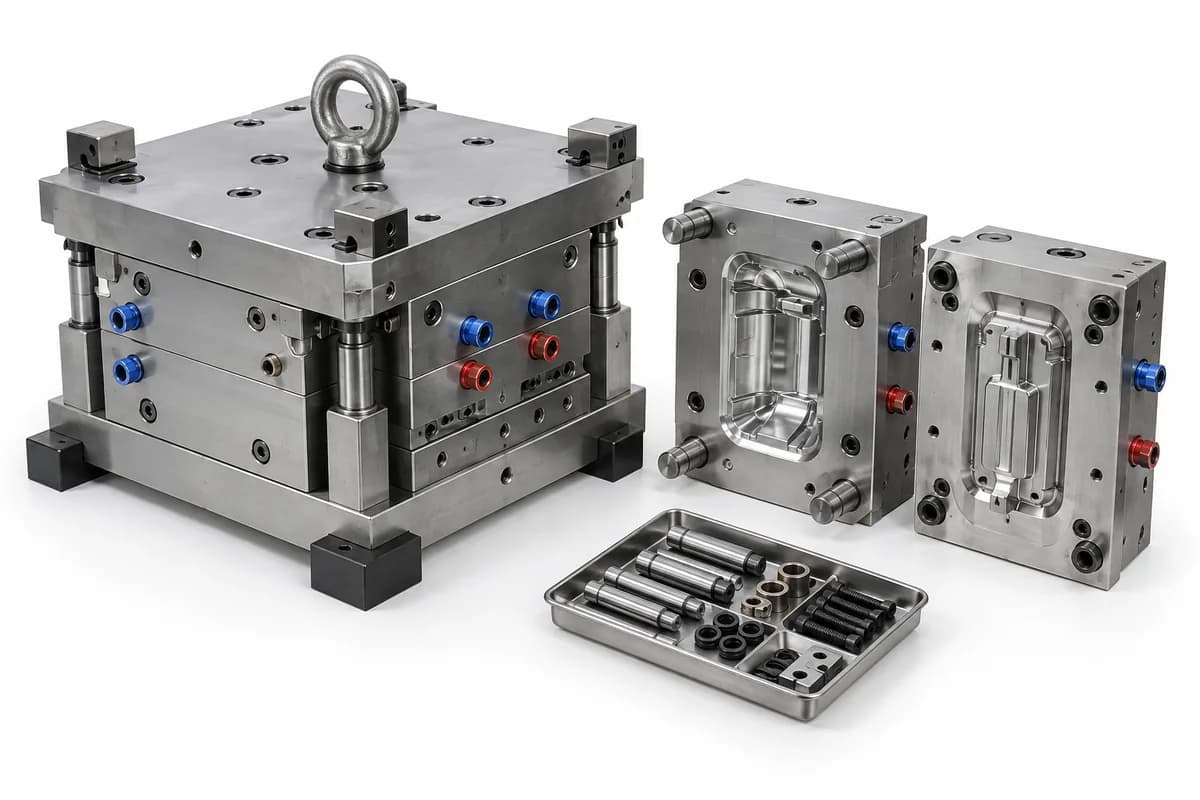 Export injection mold assembly with polished cavity inserts, cooling fittings and spare components