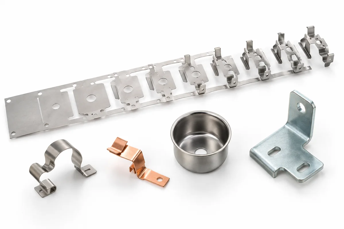 Progressive stamped metal strip with finished clips, electrical contact, deep-drawn cup and bracket
