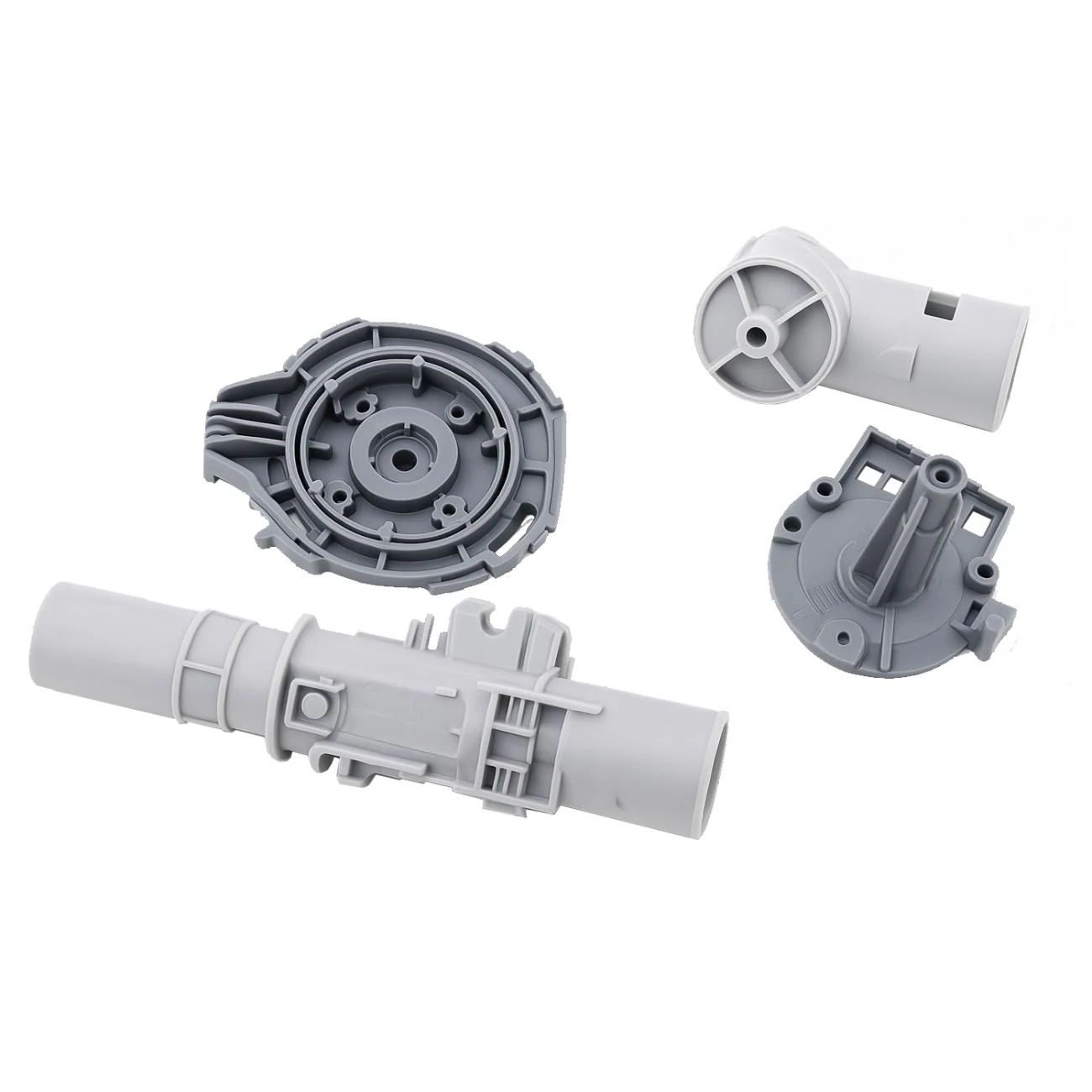 Custom plastic injection molded housings and mechanical components on a white background