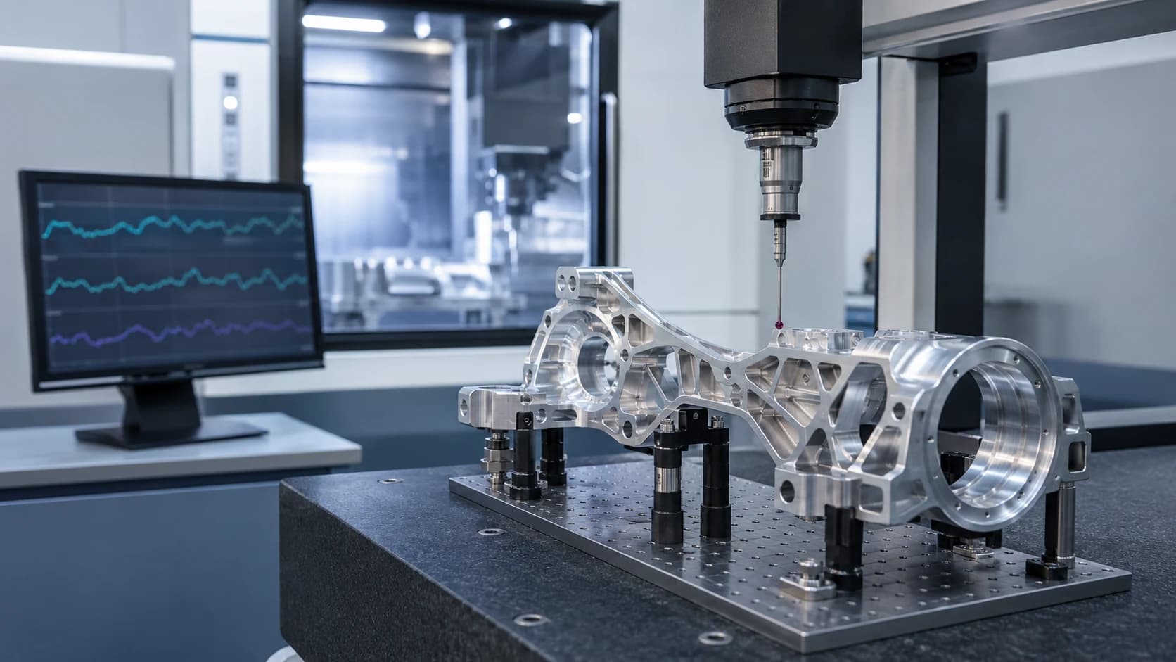 Precision CNC machined aluminum housing under coordinate measuring machine inspection