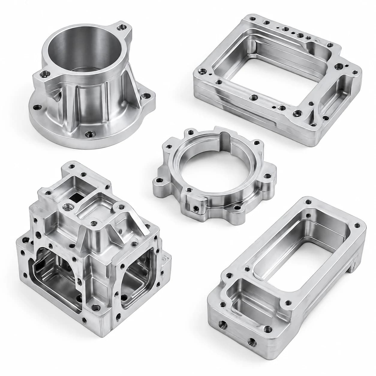 Five precision CNC machined aluminum housings on a clean white background