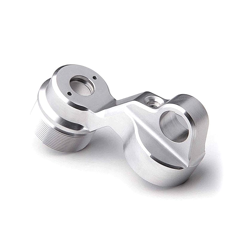 CNC machined silver linkage bracket component with precision bores and threaded mounting features on a pure white background