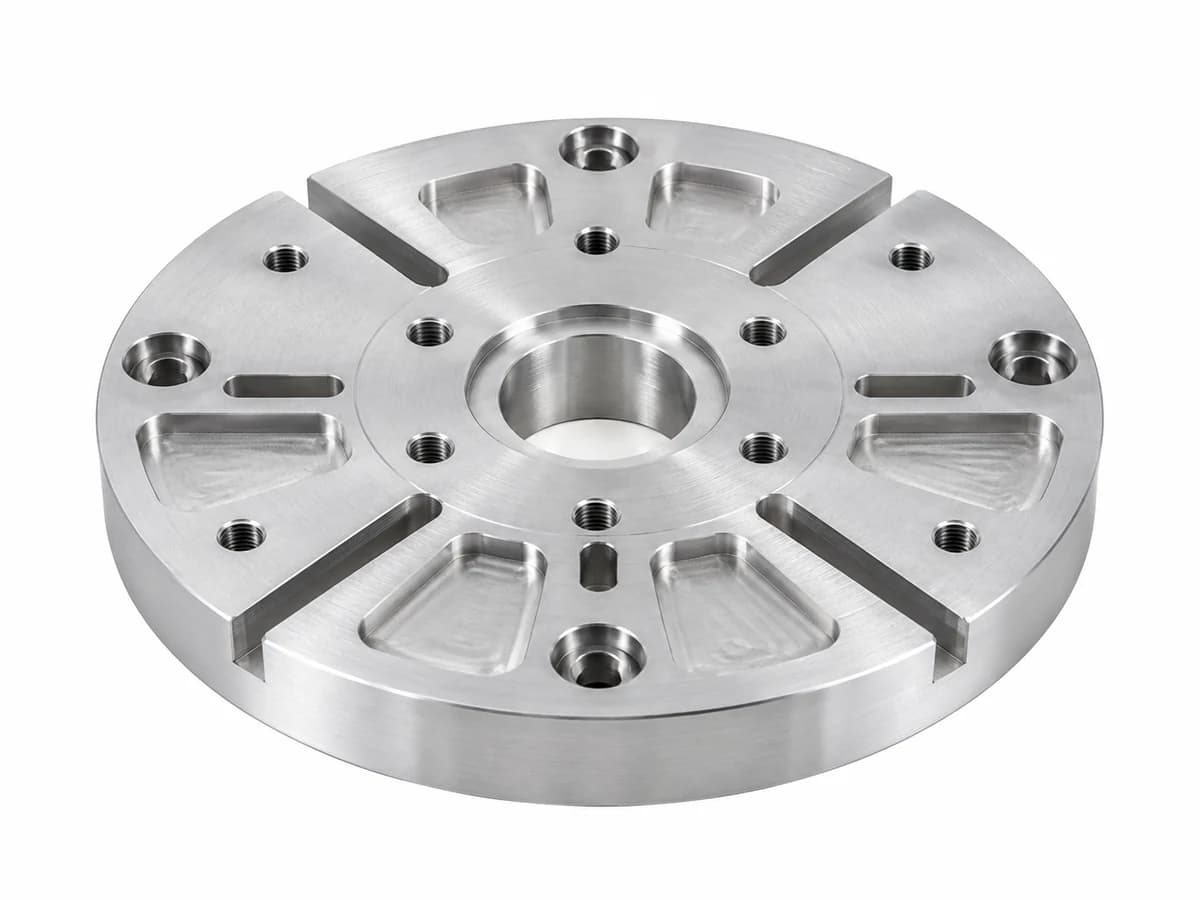 Precision CNC machined aluminum fixture plate with locating bores radial slots and milled pockets on a pure white background