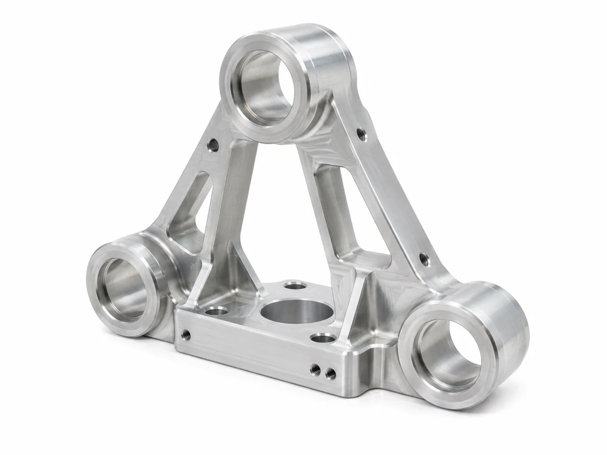 Precision CNC machined aluminum alignment frame with three bearing bores and lightweight ribs on a pure white background