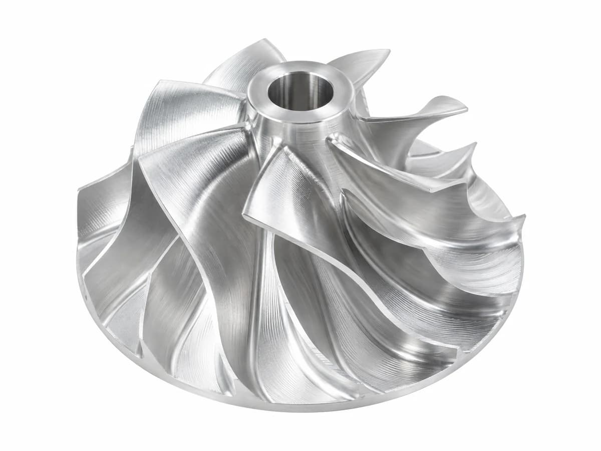 Five-axis CNC machined natural aluminum impeller with sculpted blades and a precision center bore on a pure white background